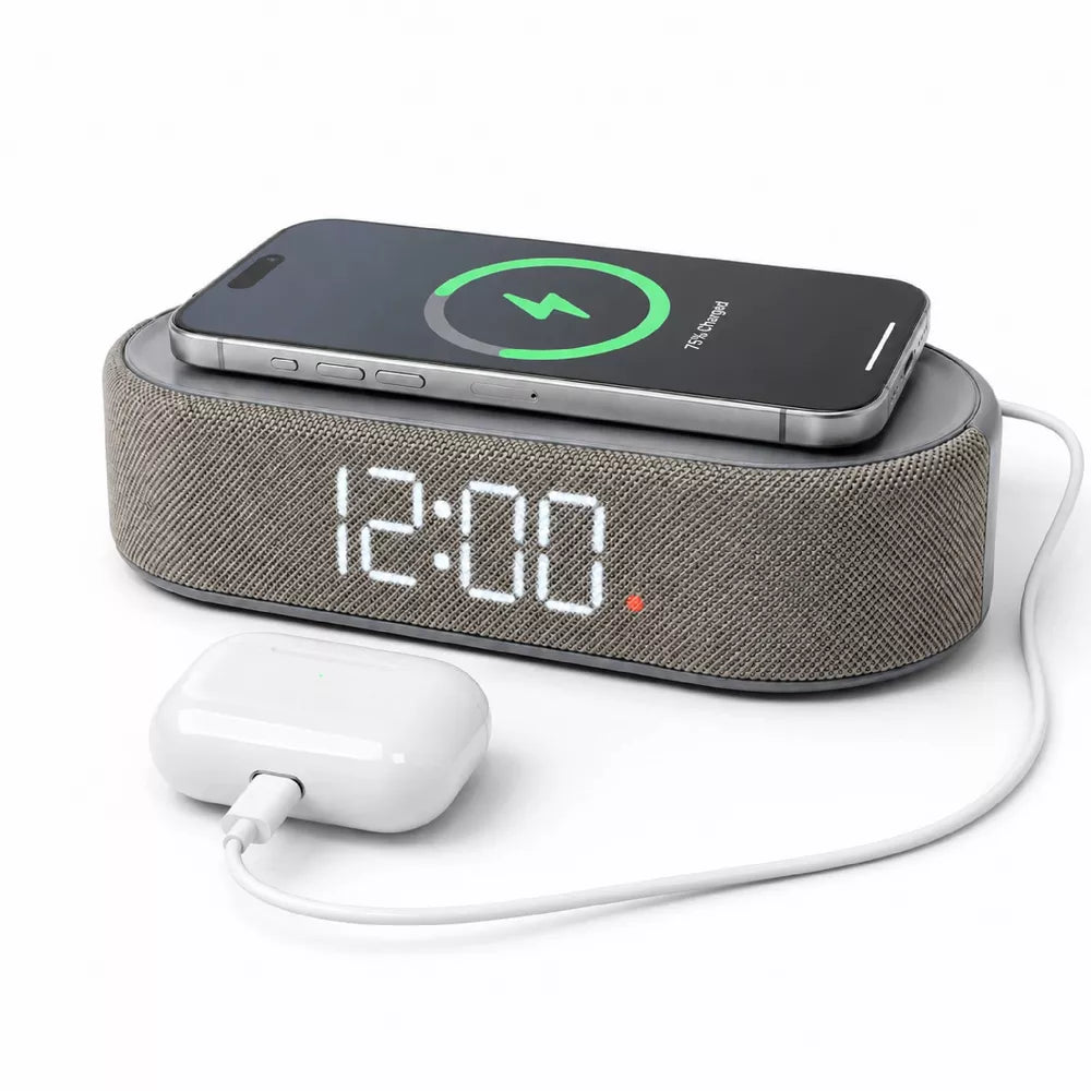 Fabric Wrapped Digital Alarm Clock with Wireless Charging & USB-C Port view 2